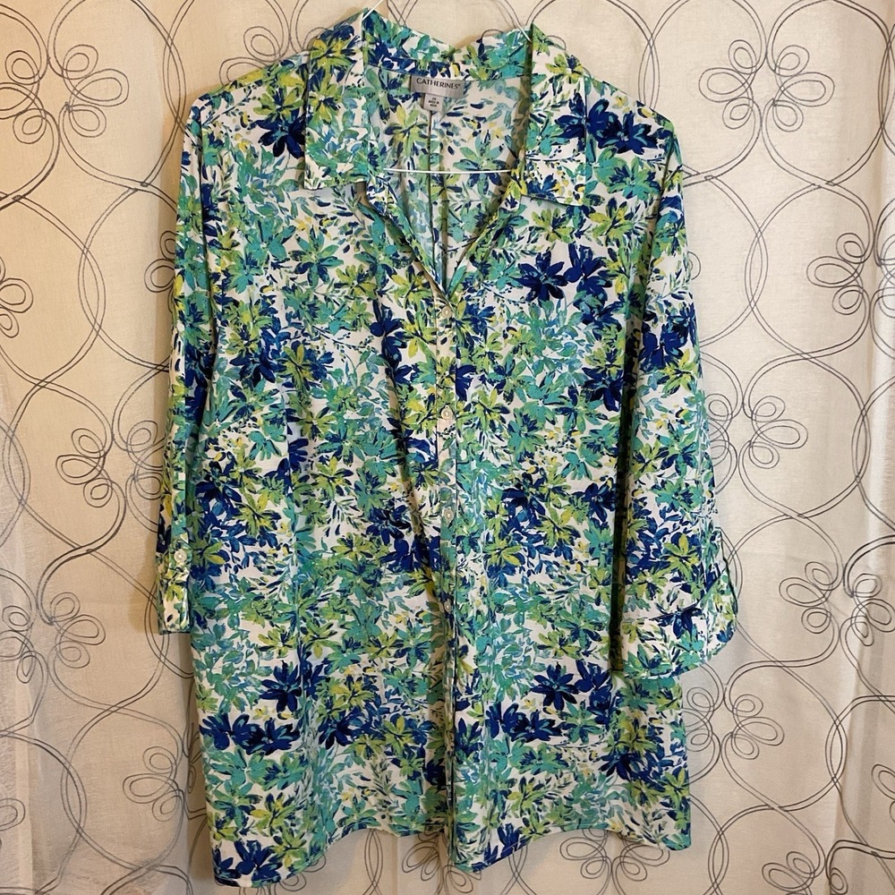 Women's Catheines V-neck Button Up Blouse 3/4 Sleeve Blueโ Green Floral Size 2X